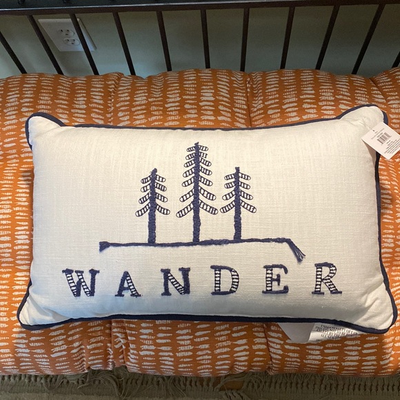 NEW Navy and White Embroidered Trees Accent Throw Pillow 12” x 20” WANDER w/Tags - Picture 2 of 9